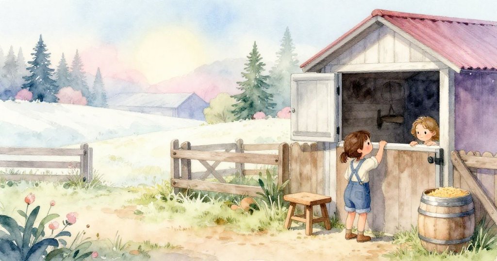 Hope站在農舍附近，低矮木凳與穀倉相伴，迎接清晨微光，表情平靜充滿期待，田園風光溫柔展現。