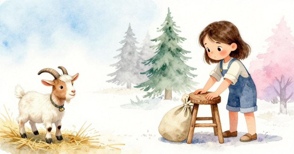 左邊山羊好奇地豎耳窺視田園，右邊Hope用帆布袋穩固搖晃的凳子，分鏡呈現同步動作與細膩互動。