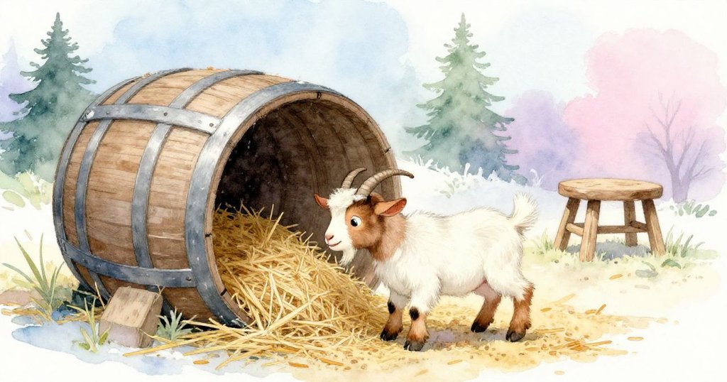 在穀倉旁隱藏的草堆中，山羊小心翼翼探索私密天地，搖晃的凳子靜立，營造出發現秘密的迷人氛圍。