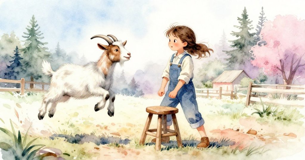 Hope急轉身調整搖晃凳子，山羊驚慌後退跳躍，動感瞬間展現田園中緊張與迅速的追逐場面。