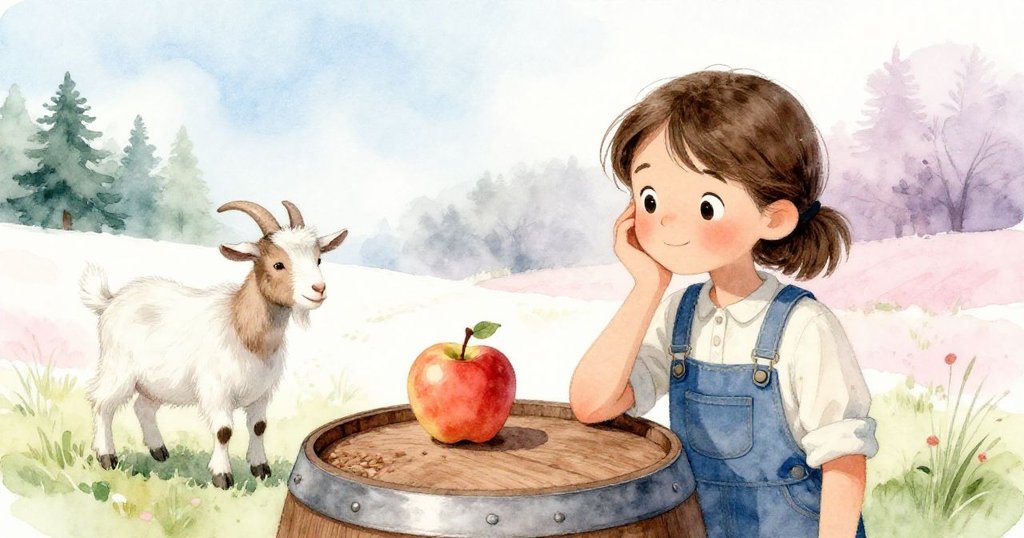 蘋果穩坐穀倉邊緣，Hope沉思凝望，山羊靜默背景陪伴，田園景致中展現出堅韌與平衡的象徵意義。