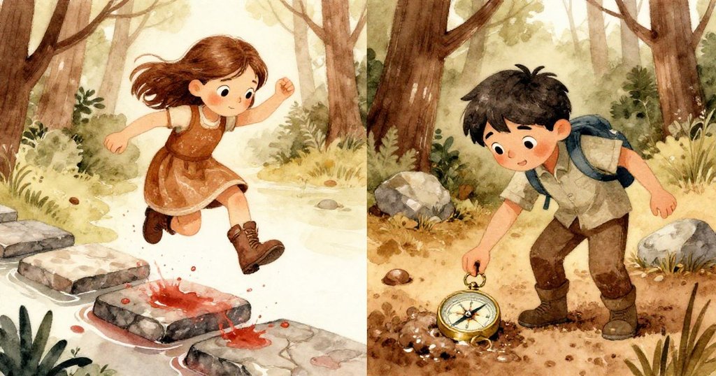 分屏展示:Nell飛躍石板時溅起鮮紅染料,Axel俯身拾起落泥中閃亮指南針,兩人充滿冒險與驚奇。