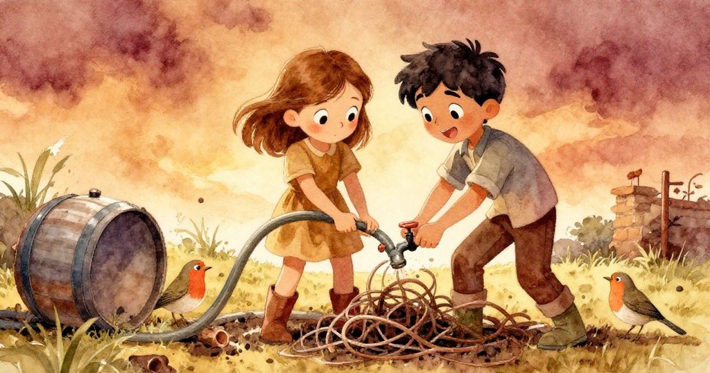 隨著時間推移,Nell與Axel合作調整水龍頭與整理水帶,夕陽柔光映照下染料漸細,呈現解決困境的決心。