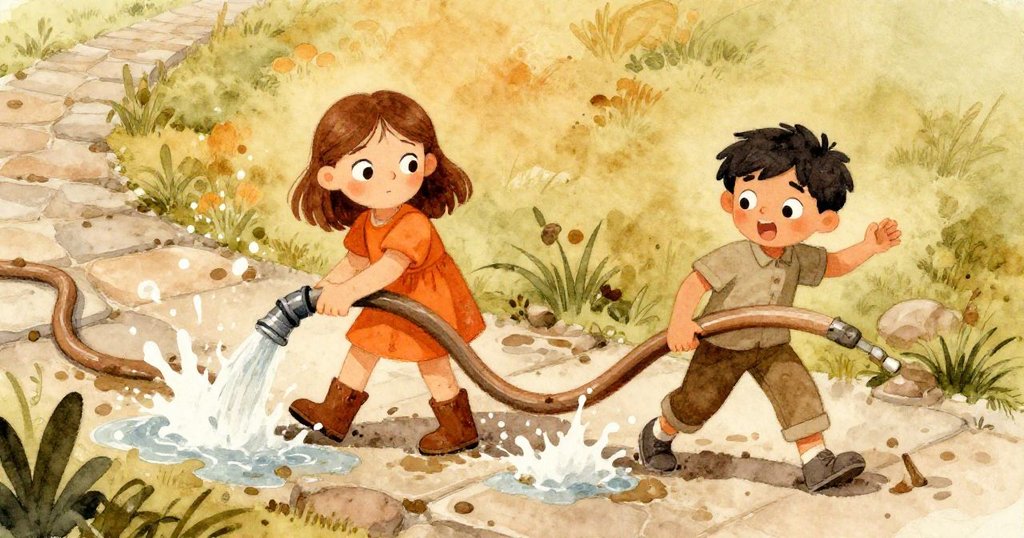 畫面動態展現Nell與Axel攜手清理盤繞水帶,手上沾滿濕泥,石板與水花營造出活力與團隊合作的景象。