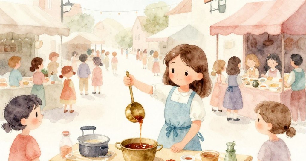 莎拉在繁忙市場攤位後倒糖漿，周圍人群熙攘，燦爛陽光映襯出溫暖滿足的表情