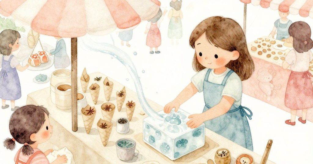 從上方俯瞰莎拉調整冰塊，冰水形成光帶蜿蜒木台，展示攤位細緻工作場景