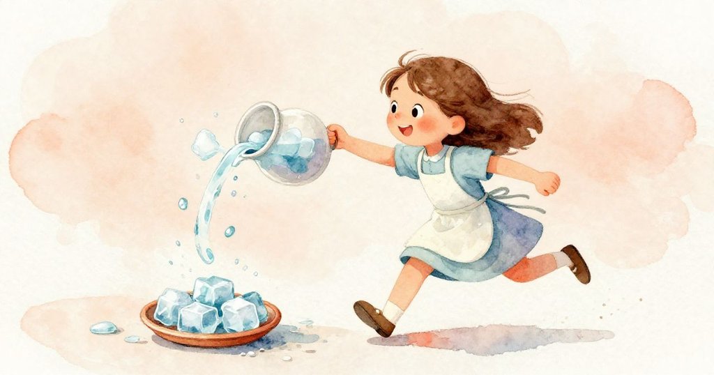 莎拉急速追逐流動的糖漿，迅速推動陶盤捕捉溢出液體，面露驚訝與急迫情緒