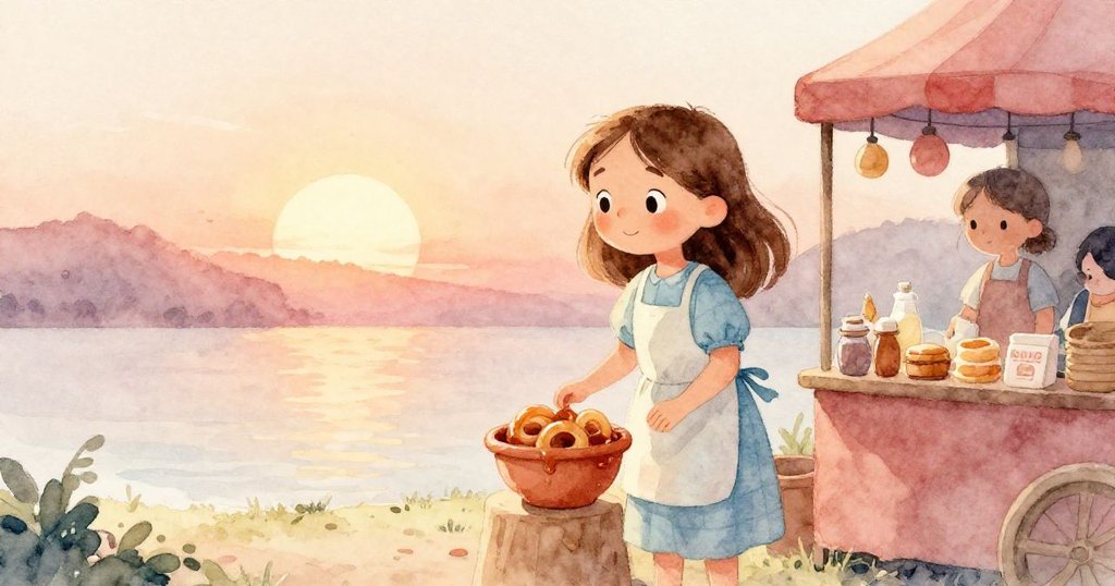 夕陽餘暉下莎拉滿懷平靜滿足站在攤位旁，陶盤上糖漿痕跡清晰，展現一天努力後的安詳情景