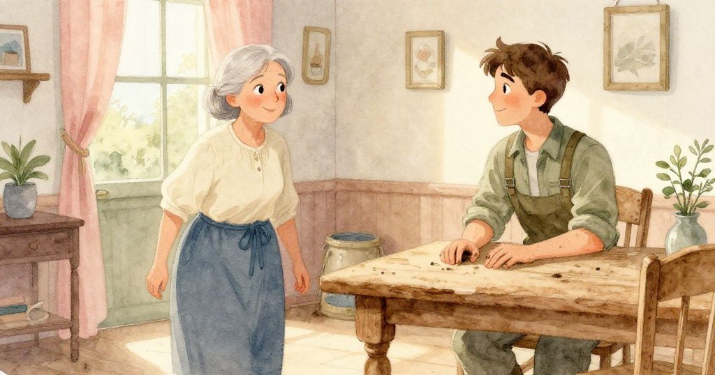 格蕾塔在晨光中踏入溫馨書房，與瑞德於木桌旁相遇，室內散落著畫材，表情充滿期待與和諧。