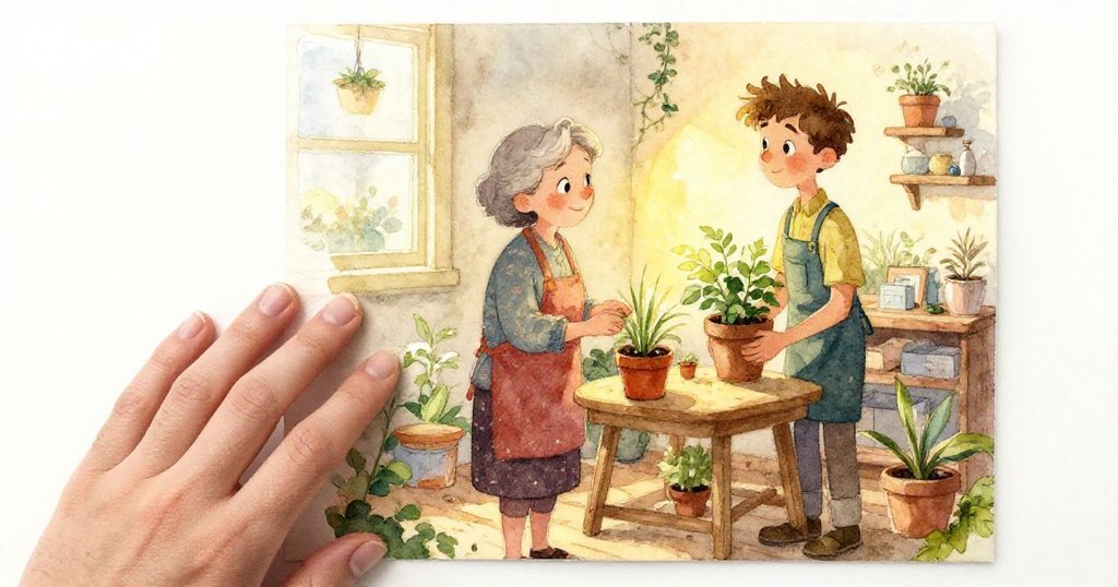 格蕾塔細心觸摸木框與纖細彈性帶，感受蕨葉捲曲狀態，畫面細節豐富且溫暖。