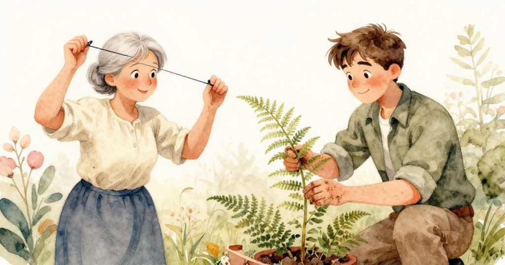 格蕾塔與瑞德同時操作木框，前者勾住彈性帶，後者捏著蕨枝，動作協調呈現專注合作。