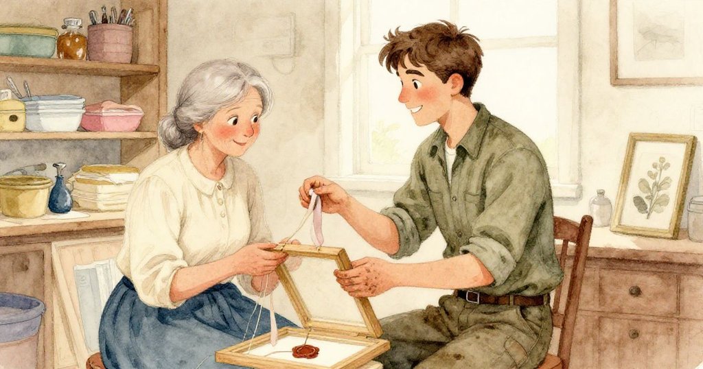 瑞德在整潔供應室內遞上柔軟蠟帶，格蕾塔細緻穿線，兩人協作調整木框，氛圍溫馨專注。