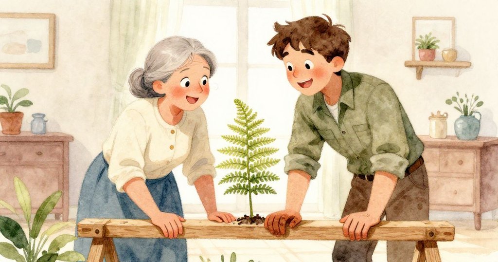 格蕾塔與瑞德共同施力，木框中蕨葉微展，兩人神態放鬆滿懷喜悅，場景散發溫暖合作氣氛。