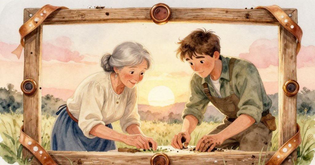 夕陽餘暉下，格蕾塔與瑞德靜觀木框中蠟帶交錯細節，粉筆與泥痕輕映作品，氛圍滿溢成就安寧。