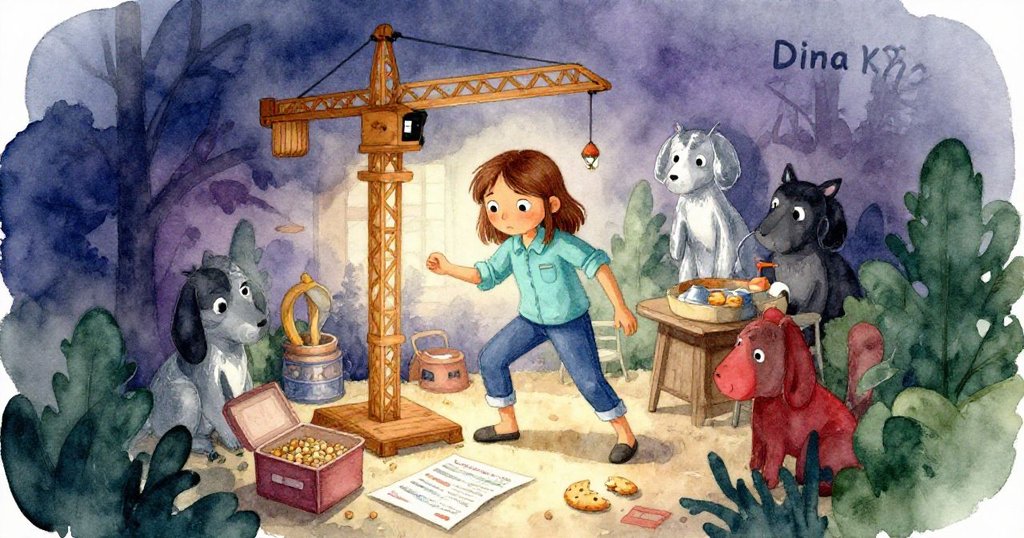 小黛娜在晨霧中踏入狹窄工作室，注意到桌上木製模型、寵物食物及零食，故事開端展現探索與新開始。