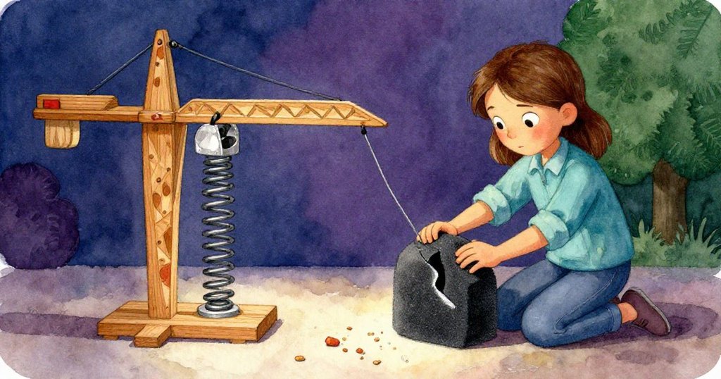 小黛娜跪姿用力按下柔墊，畫面分割展現墊片裂縫擴大與碎屑飛散，情節達到緊張高潮。