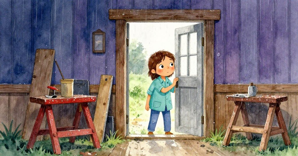 小黛娜從開著的工作室門向外探望，見到雨後濕潤的木板與馬鐙，情節由內部轉向外界，展示發展。