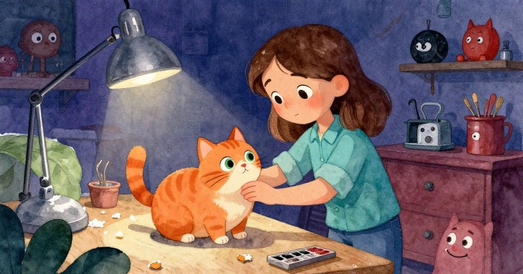 小黛娜溫柔觸摸好奇橘色貓咪，工作桌上散落柔墊碎屑，情節互動展現溫暖情感與進一步發展。