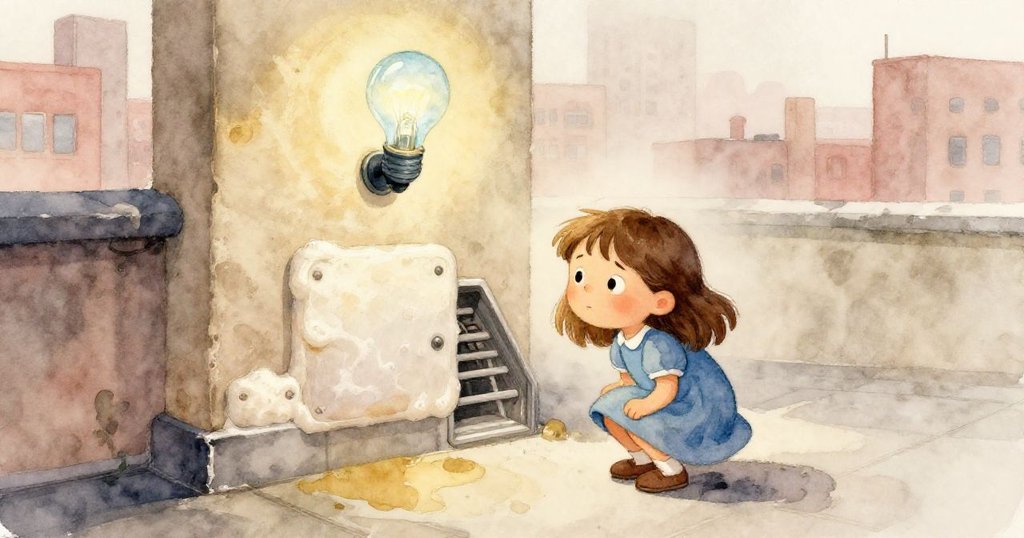 Lily在柔和晨霧中蹲在樓頂邊，仔細操作泡沫板，藍色發光二極體懸掛上空，臉上流露出專注與好奇。