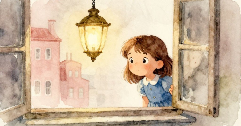 Lily通過窗框望向外面擺動的燈具與鄰近建築上的亮光，臉上泛著好奇與沉思，展現故事發展的轉折。