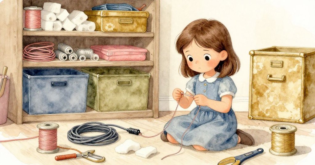 Lily在溫馨的收納室內忙著重新穿線，房間裡堆放著泡沫碎片和延長線，她目光專注，充滿希望與決心。