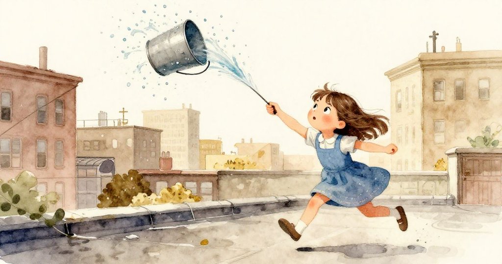 Lily在電纜突然反彈時迅速衝向滑動的水桶，水花四濺，她臉上流露出急切與堅定，展現解決難題的瞬間。