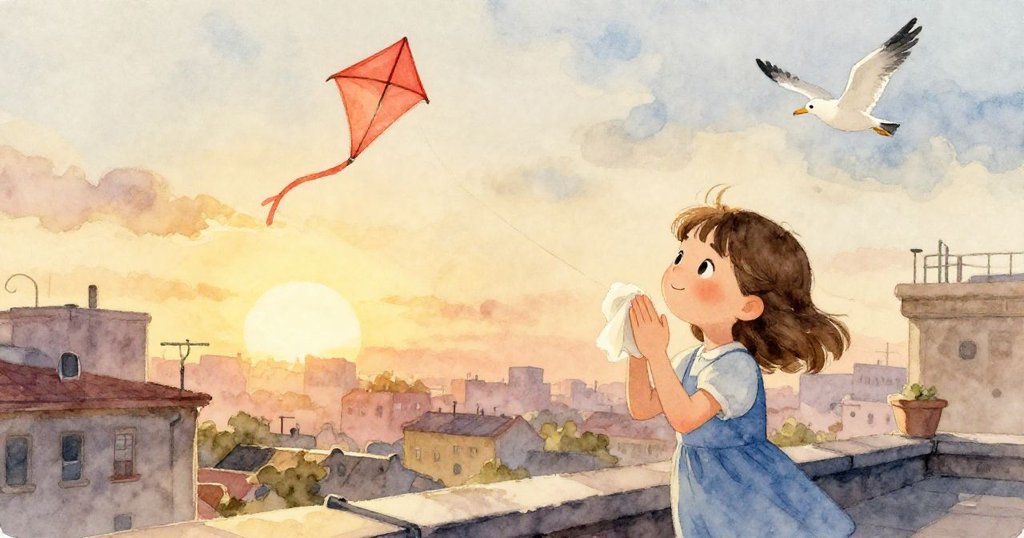 Lily在溫暖的夕陽下擦拭手掌，微笑著凝望高飛的紅色風箏和展翅的海鷗，城市樓頂呈現出寧靜與完成感。