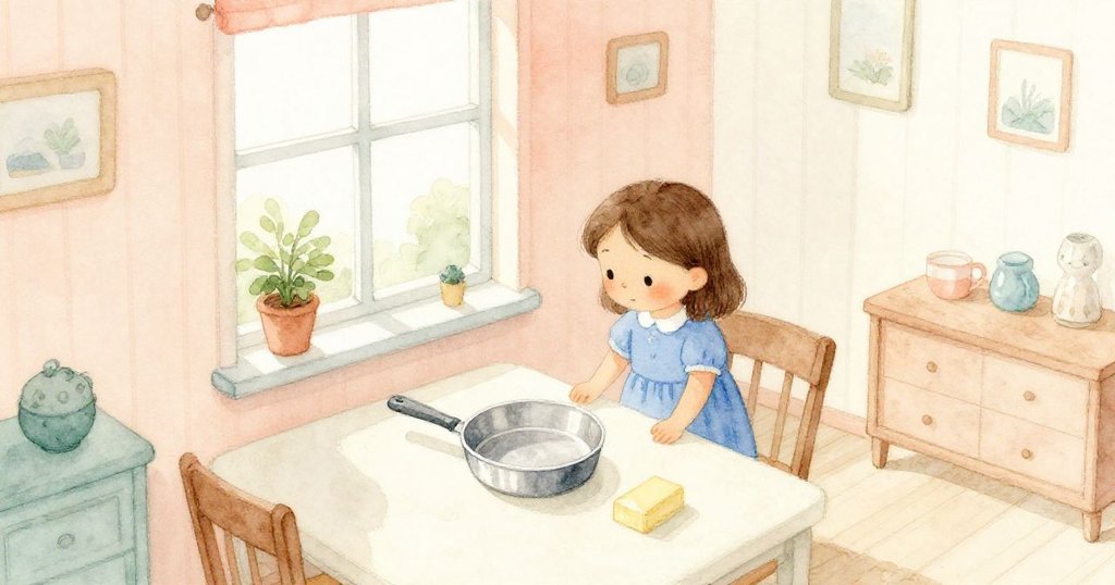 露莎站在明亮窗邊，從高處俯瞰家中溫暖環境，她正仔細觀察鋁盤與蠟塊，神情期待且好奇。