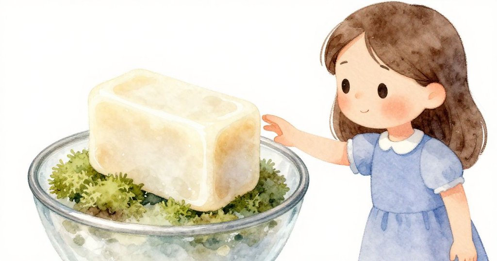 露莎仔細觀察嵌入金屬環中的蠟塊及下方冰涼玻璃盤，環境細節清晰展現，充滿期待與溫柔的探索。