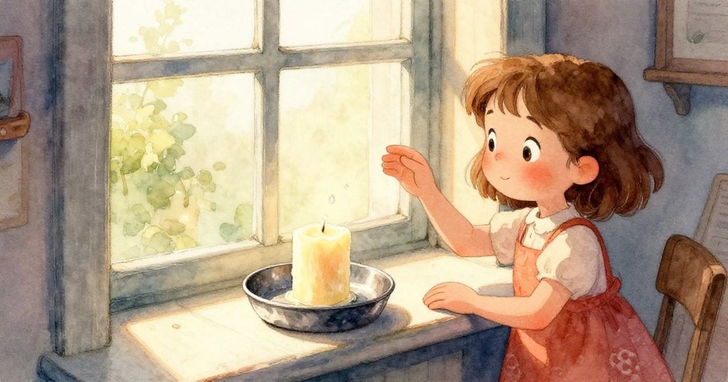 露莎驚訝注視軟化蠟塊從金屬環滑落至冰冷盤面，細緻蒸氣旋轉，動感十足，充滿意外驚奇。