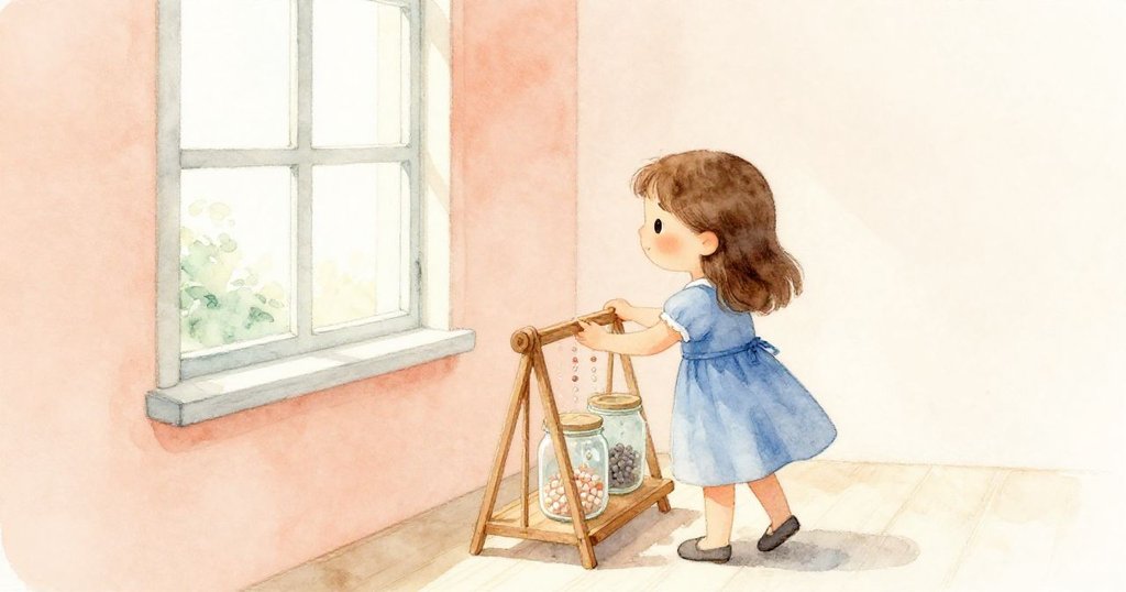 露莎滿懷微笑輕調木架，讓液滴靜進罐中，溫暖光線瀰漫，實驗結束，氛圍寧靜而滿足。