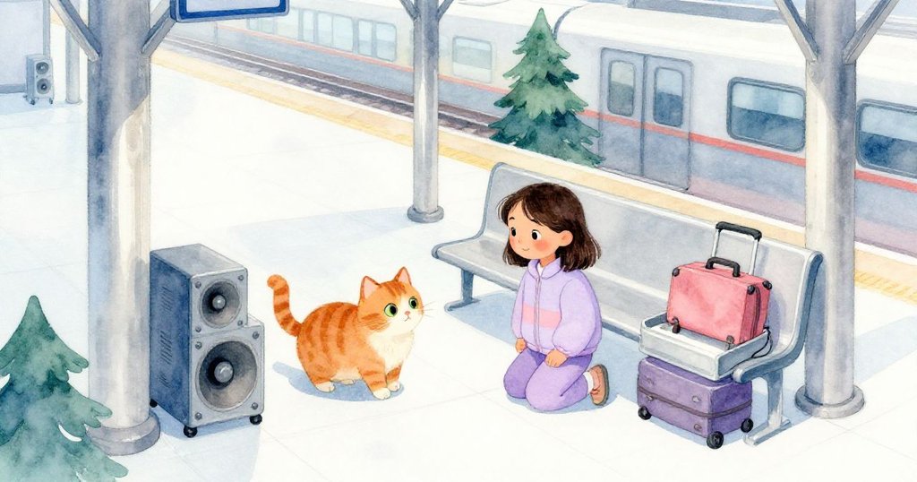Kira 坐在車站平台的長椅旁，橘色貓在側邊注視，從高空俯視現代車站，充滿金屬感和回音。