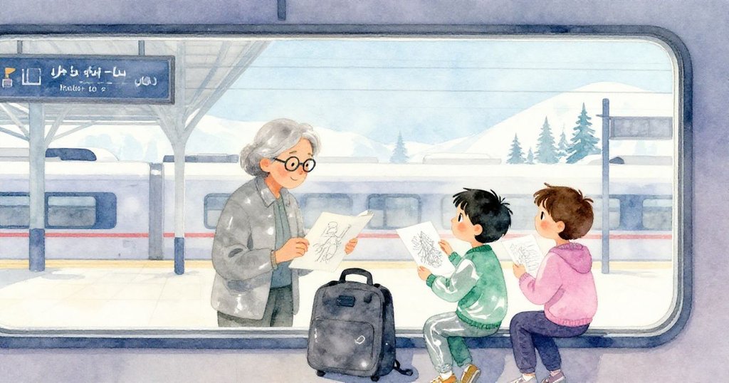 透過窗戶看到退休藝術老師與兩位學生低聲討論素描，背景車站金屬感與冷光交融，氣氛沈靜。