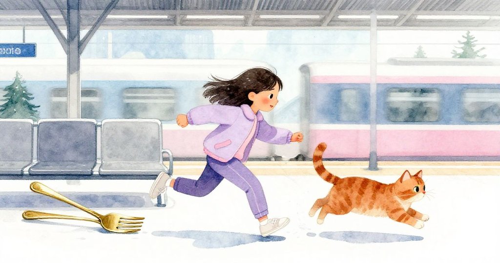 Kira 奔跑追逐長椅下滑落的叉子，橘貓驚喜躍起，動態場面充滿緊張與活力，背景物品紛亂。