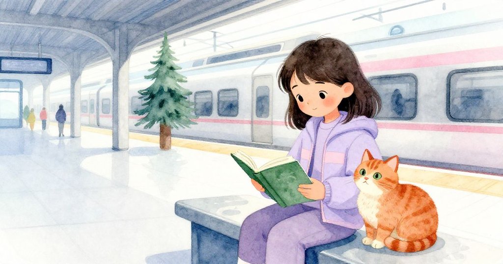 Kira 靜坐檢視被灰塵染跡的手札，橘貓依偎在她旁邊，場景從動亂漸歸平靜，神情溫柔。