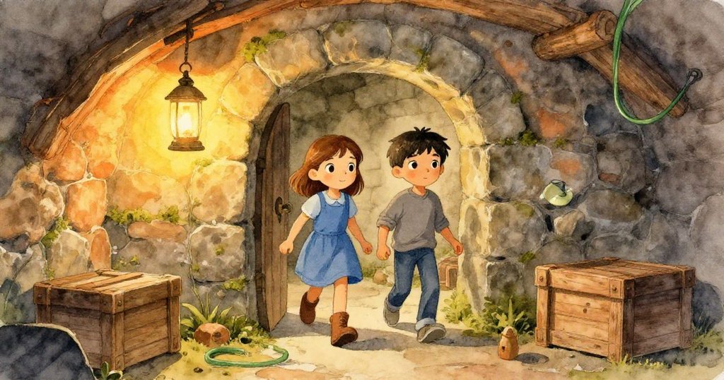 Mae與Zane踏入古老地窖入口，燈光柔和，背景有木箱與彈跳綠繩，展現期待與安心情感。