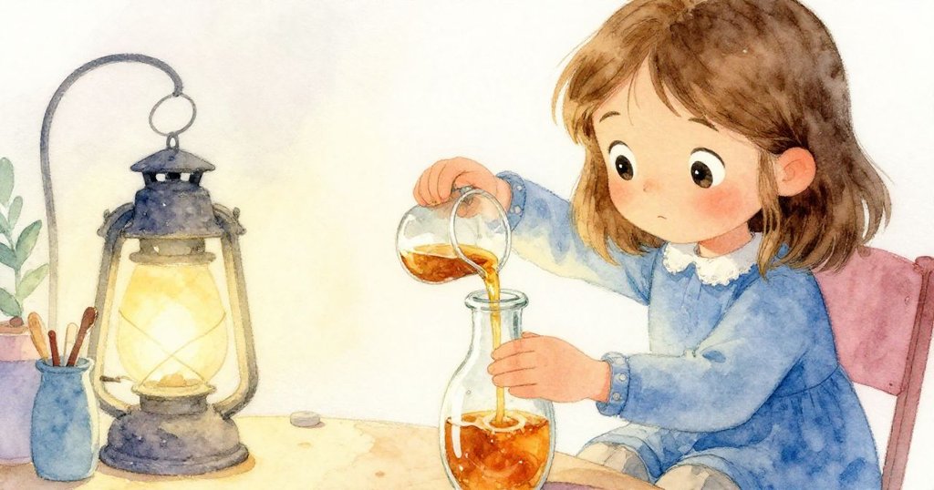 Mae專注舀香草糖漿進玻璃瓶，燈光柔和映出她溫暖與專注的神情，背景堆滿冬季用品。