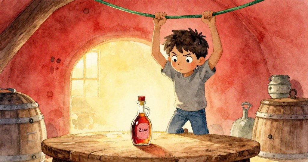 從低角度看Zane專注瓶蓋操作，綠繩彈跳映襯溫暖燈光，展現堅定與努力情感。