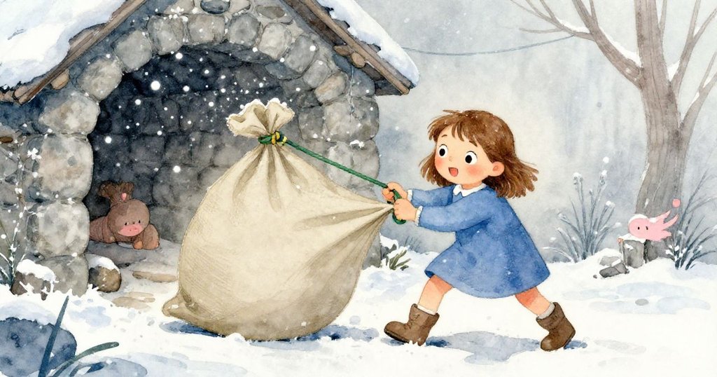 風從裂縫吹入，雪花在石板上旋舞，Mae迅速固定畫布袋，展現緊張與果斷情緒。