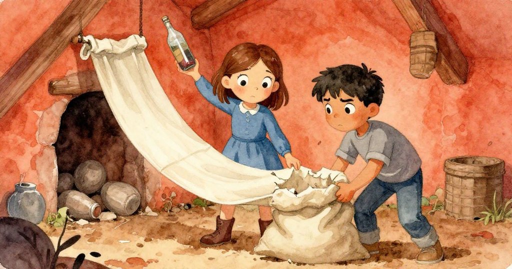 Mae與Zane齊心應對突然挑戰，畫布袋出現輕微裂痕，半滿瓶子晃動，兩人神情堅定並肩作戰。