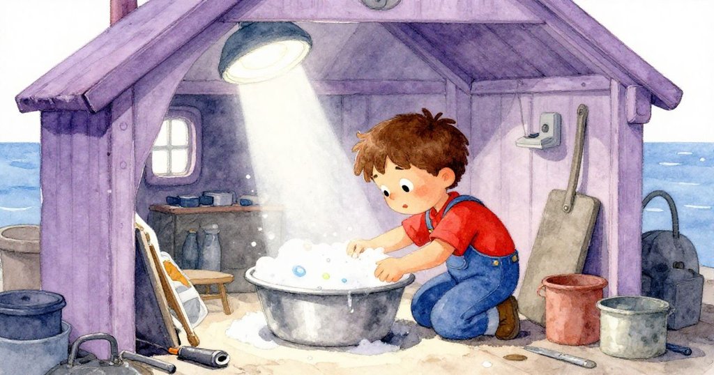 隱秘維修間內,胡果仔細檢查發光工具,光線與環境細節交錯,顯示秘密工坊氛圍。