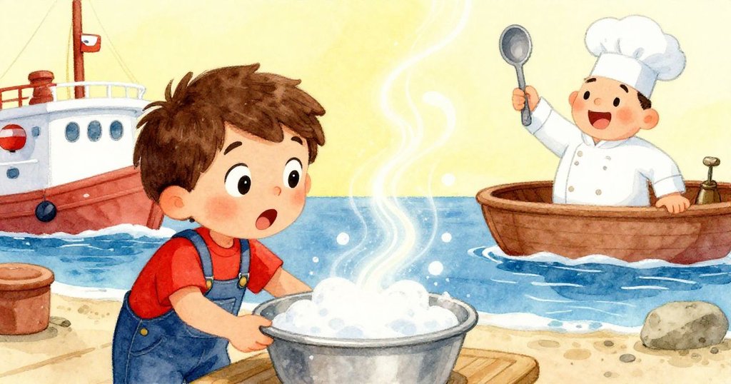 胡果驚喜發現鏡面映出奇妙光環,旁邊廚師揮匙招呼,寓意新發現與合作。