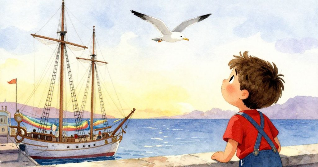 胡果在夕光中依依告別工作場所,凝望海上飛鷗,展現溫馨完成旅程情懷。