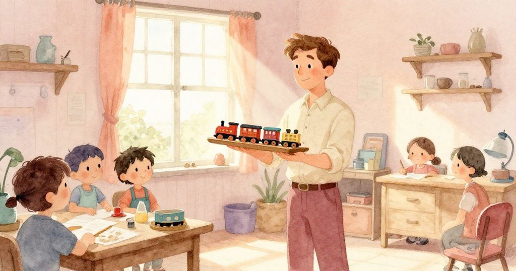 昆恩在溫暖工坊中站立，手持木火車托盤，周圍擺放工具與架子，神情平靜，陽光透過高窗灑下，充滿寧靜氣氛。