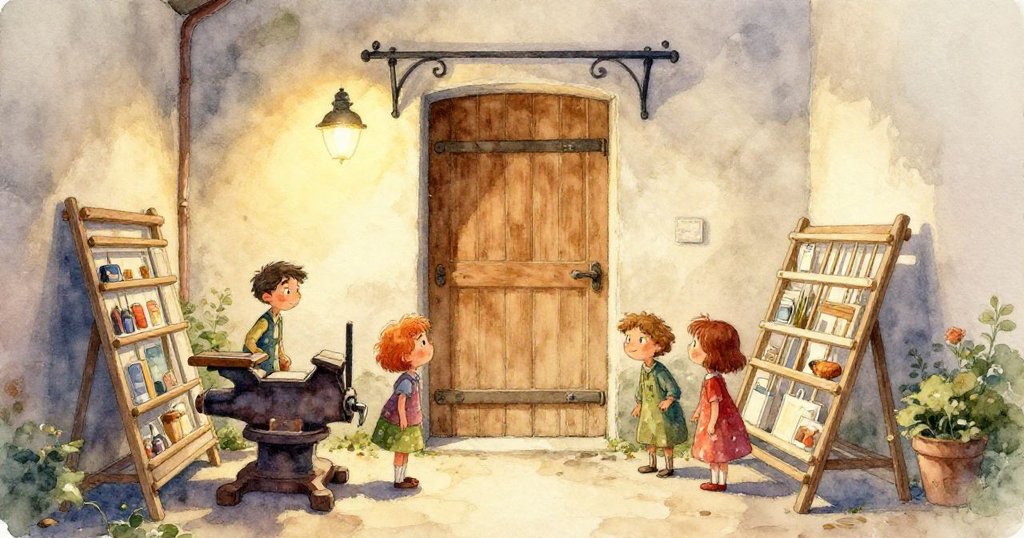 從昆恩背後視角觀察工坊狹長通道，桌上散落皮革碎片與銅盒，遠處木門微動，呈現專注準備工作的情景。