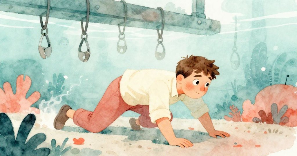 昆恩低角度迅速爬行於中央橫樑下，頭頂夾具輕搖，彷彿置身於半透明水面下，神情緊張而果斷。