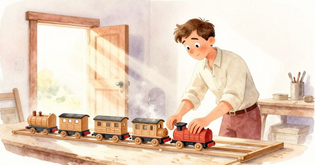 昆恩在狹巷盡頭將木火車放上晾曬架，木門輕撞停下時，他微微揮手告別，光塵飛舞中透出溫暖和解。