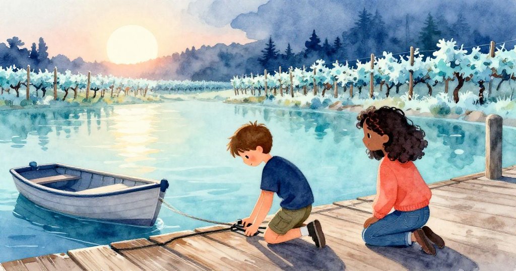 科爾在港口濕板上檢查繩索,維奧拉在旁充滿好奇,遠處葡萄園晨霜閃爍,溫暖晨光中展開冒險。