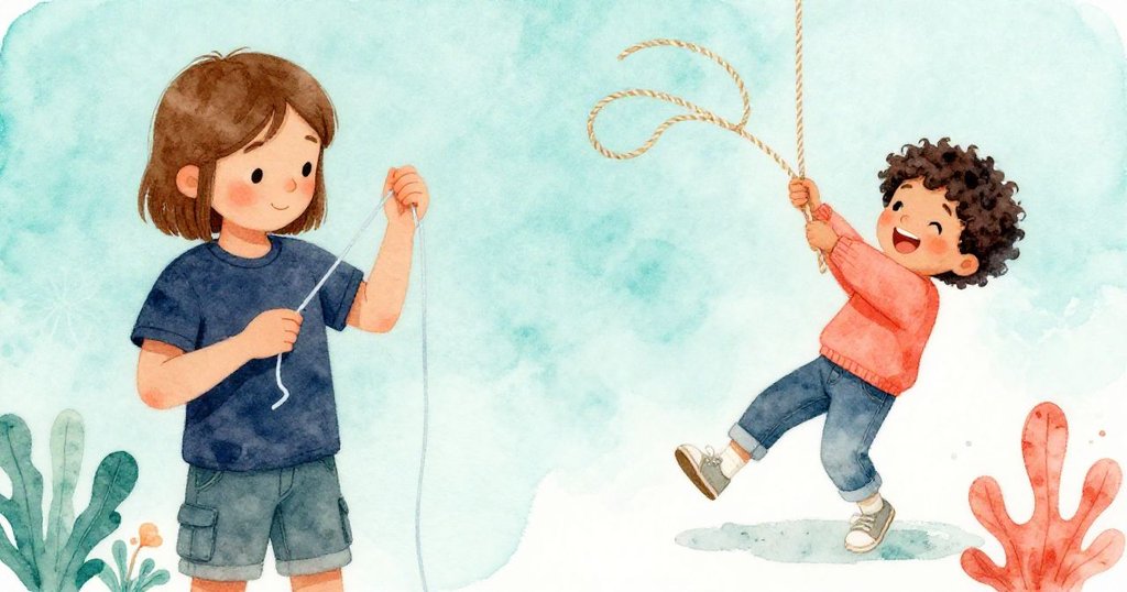 維奧拉專注穿綞帶於繩索中,科爾歡笑甩動繩索,兩幅並列畫面展現海港中童趣與創造力。