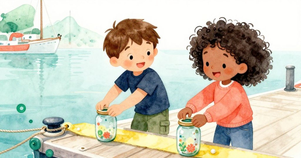 科爾與維奧拉在甲板上合作,快樂地將玻璃瓶綁於黃色帆布上,展現出洋溢童趣與共創美好時光。